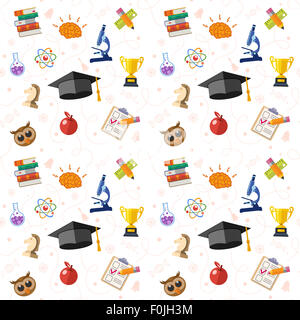 Bildung Seamless Pattern mit flachen Icon Set für Flyer, Poster, Web Site wie Quaste, Bücher, Gehirn und Trophäe Stockfoto