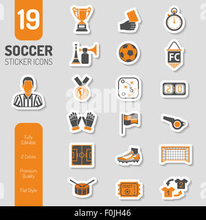 Fußball und Fußball Symbol Aufkleber Set für Flyer, Poster, Web-Site wie Schiedsrichter, Ball und Trophy. Abbildung. Stockfoto