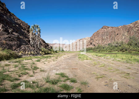 Kaokoland Wildreservat in Namibia, Sandweg in Richtung der Skeleton Coast Wüste mit blauem Himmel Stockfoto