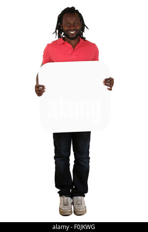 Junge schwarze Afrikaner halten Exemplar für Brief oder Text isoliert Stockfoto