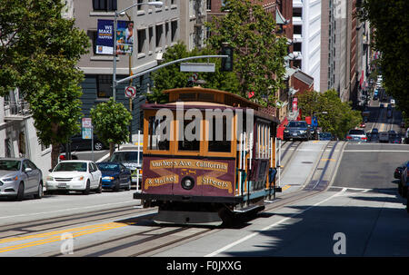 Eine Seilbahn hinunter Powell Street in Downtown San Francisco, USA Stockfoto