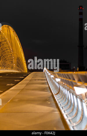 Nachtansicht der Troja Brücke vom Fluss Vltava, Trojsky Most, Prag, Tschechische Republik Stockfoto