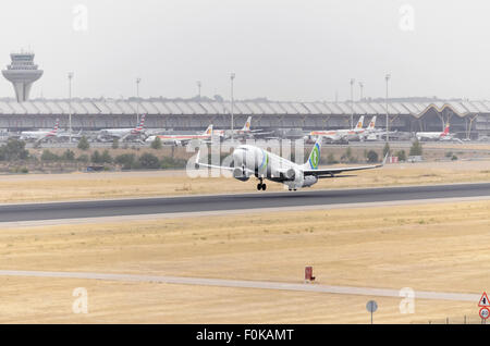 Flugzeug-Boeing 737 - 86J - des - Transavia France-Airline, ist vom Flughafen Madrid-Barajas - Adolfo Suarez - ausziehen. Stockfoto