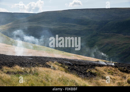 Brennen Sie Gräser auf die Mauren über Glossop in Derbyshire, England. Stockfoto