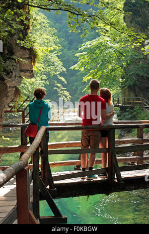 Touristen bewundern die Aussicht auf Schlucht Vintgar, Slowenien. Reisen, Tourismus und Lifestyle in Europa. Stockfoto