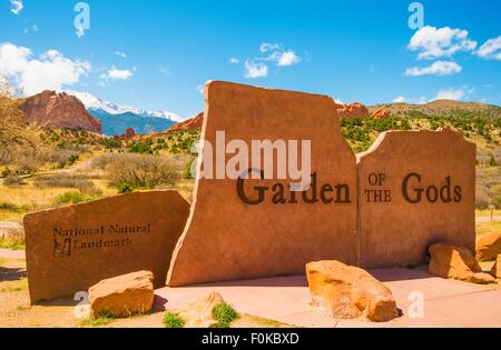 Garten der Götter Park Ortseingangsschild in Colorado Springs, Colorado, USA. Stockfoto