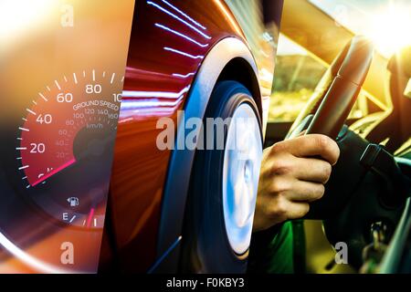 Moderne Transportkonzept. Auto und Fahrer. Fahren Foto-Mosaik. Stockfoto