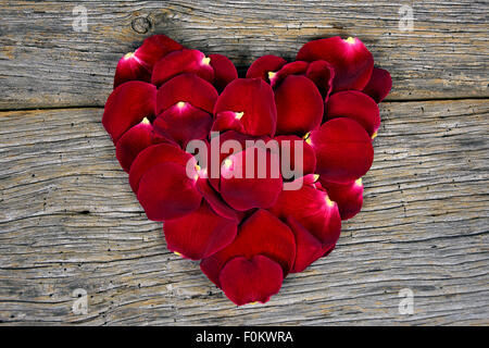 Rote Rosenblätter in Form eines Herzens auf rustikale Scheune Holz. Stockfoto