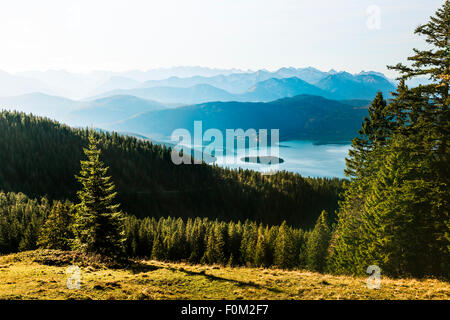 Blick vom Jochberg auf den Walchensee-See und Karwendelgebirge, Bayern, Deutschland Stockfoto
