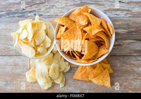 Nahaufnahme von Kartoffelchips und Mais Nachos auf Tisch Stockfoto