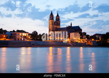 Elbe und der Kathedrale von Magdeburg in der Nacht, Magdeburg, Sachsen-Anhalt, Deutschland Stockfoto