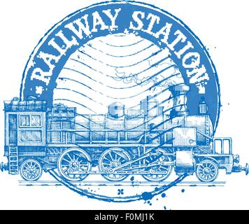 Railway Station Vektor-Logo Design-Vorlage. Schäbige Stempel oder Passagier Zug, Dampf-Lokomotive-Symbol Stock Vektor
