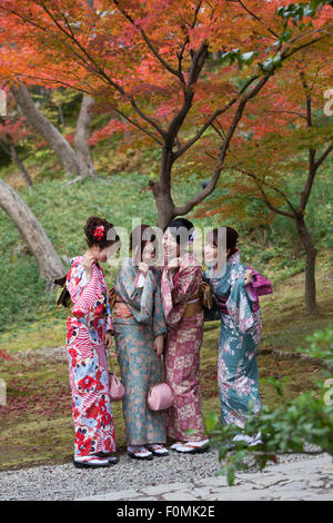 Junge japanische Mädchen in Kimonos posiert unter herbstlichen Ahornbaum Kodai-Ji, südlichen Higashiyama, Kyoto, Japan, Asien Stockfoto