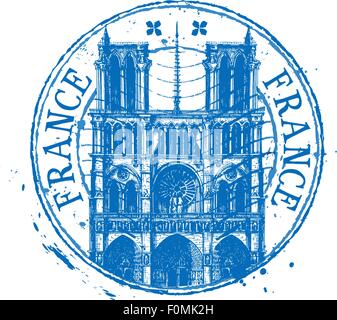 Frankreich-Vektor-Logo-Design-Vorlage. Schäbige Stempel oder Notre-Dame de Paris-Symbol Stock Vektor