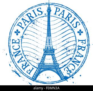 Paris-Vektor-Logo-Design-Vorlage. Schäbige Stempel oder Frankreich, Eiffel Turm Symbol Stock Vektor