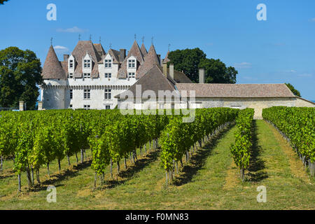 CHATEAU MONBAZILLAC AOC, MONBAZILLAC, Weinberg, BERGERAC DORDOGNE, AQUITAINE, Frankreich - Monbazillac Schloss (16. Jh.) und Re Stockfoto