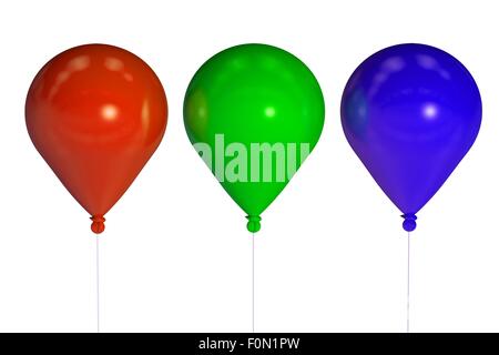 Drei Party Luftballons in verschiedenen Farben. Luftballons, Isolated on White Background. 3D Render Illustration. Stockfoto