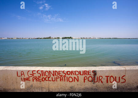 Verwaltung von Verschmutzungen ist unser Problem Nachricht auf eine kleine Mauer mit dem Senegal-Fluss im Hintergrund geschrieben. Stockfoto