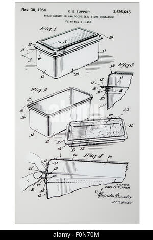 Tupperware US Patent Originalbild, ca. 1954 - US Patent and Trademark Office, Washington, DC USA Stockfoto