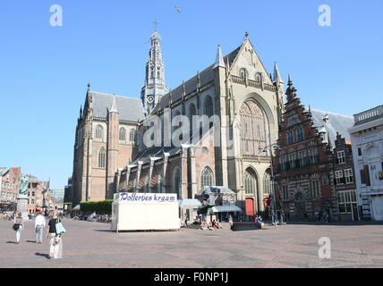 Grote Kerk oder St. Bavo-Kirche, ehemalige katholische Kathedrale am zentralen Marktplatz (Grote Markt) von Haarlem, Niederlande. Auf richtige De Hallen museum Stockfoto