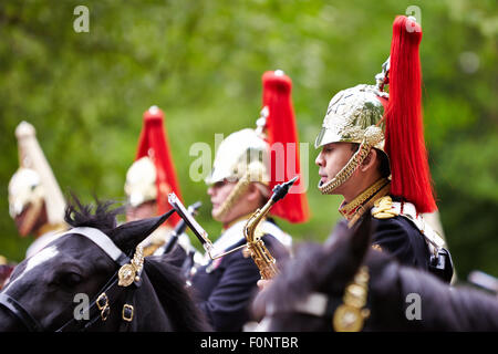 Die Household Cavalry Proben für die jährliche trooping der Farbtons auf Horse Guards Parade. Stockfoto