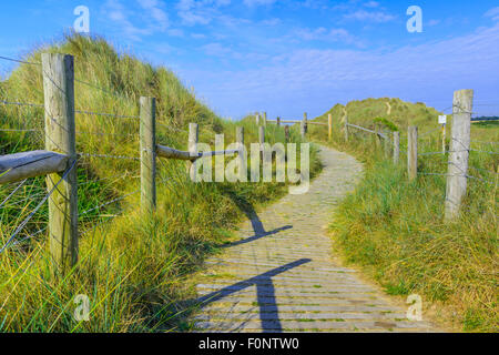 Holzweg über Sanddünen in der Nähe der West Beach in Littlehampton, West Sussex, England, UK. Stockfoto