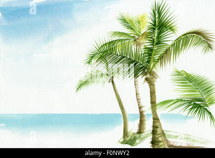 Blick auf das tropische Resort mit einer Palme. Original Aquarell. Stockfoto