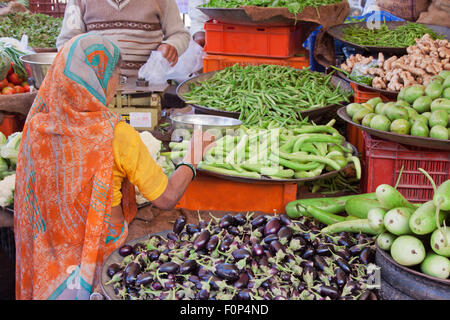 Frau in der Regel buntes Kleid kaufen Gemüse im hart umkämpften Marktbereich der alten Sadar in Jodhpur Stockfoto