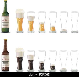 Flaschen von dunklen und hellen Bier mit Brille Icons isoliert auf weiss Stock Vektor