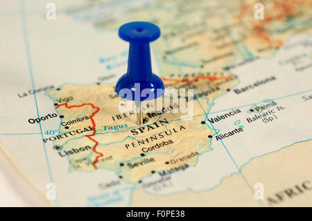Landkarte von Spanien mit einem blauen tag Stockfoto