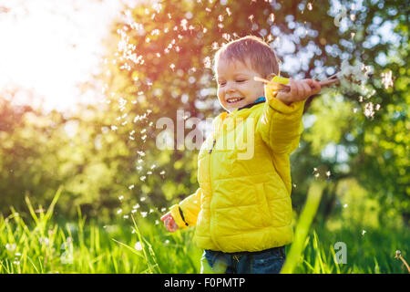 Porträt eines glücklichen kleinen Jungen mit Löwenzahn Stockfoto