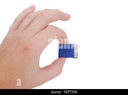 Flash Media-SD-Karte in der Hand isoliert auf weißem Hintergrund Stockfoto