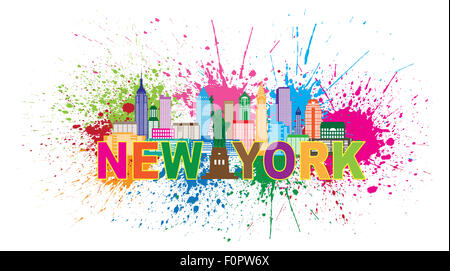 Skyline von New York mit Freiheitsstatue Liberty abstrakte Farbe Splatter bunte Text Illustration Stockfoto