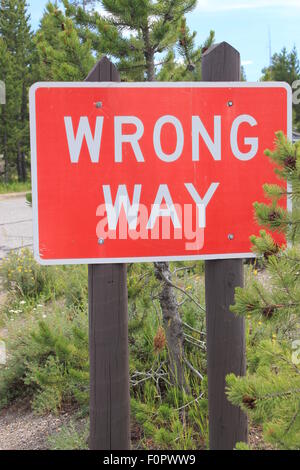 Rote und weiße Straße Schild mit der Aufschrift 'FALSCH' symbolisiert das Konzept des Lebens und der Wirtschaft in die falsche Richtung Stockfoto
