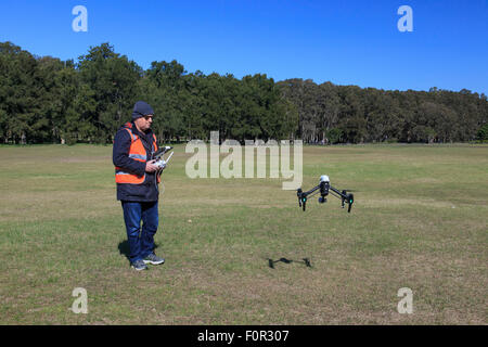 Drohne-Betreiber eine DJI Inspire Quad Copter fliegen Stockfoto