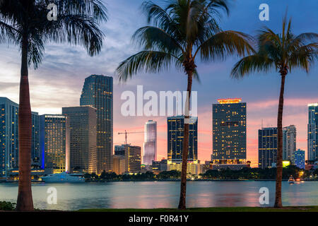 Florida, Miami Skyline in der Abenddämmerung Stockfoto