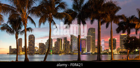 Florida, Miami Skyline in der Abenddämmerung