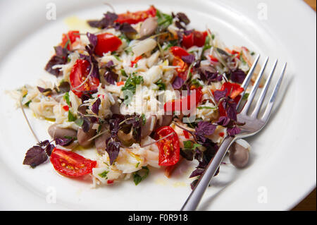 Krabben Sie, Chili, Borlotti-Bohnen, Minze und Tomatensalat. Stockfoto