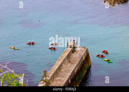 Eine Gruppe von Meer Kajakfahrer verlassen den Hafen in Port Isaac, Nord Cornwall, England, UK Stockfoto