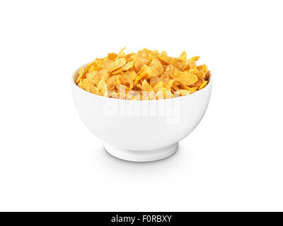 Schuss von Cornflakes in eine weiße Frühstück Schüssel auf einem reinen weißen Hintergrund mit einem Beschneidungspfad hinzugefügt. Stockfoto