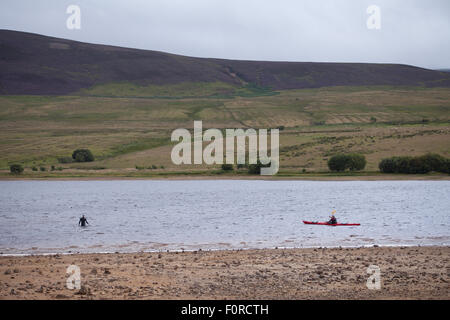 Harlaw Reservoir, Pentland Hills Regional Park, Edinburgh, Schottland. 20. August 2015. Wetter ist nicht typisch für den Sommer, 17° C. Bei windigen und regnerischen Nachmittag Gruppe der Schwimmer bereitet sich in kaltem Wasser in Harlaw Reservoir schwimmen. Der Ort beginnen, beliebt für wild schwimmen, da Mitglieder der Pentland Triathleten begann dort Schulungen zu halten. Bildnachweis: Joanna ECHL/Alamy Live-Nachrichten Stockfoto