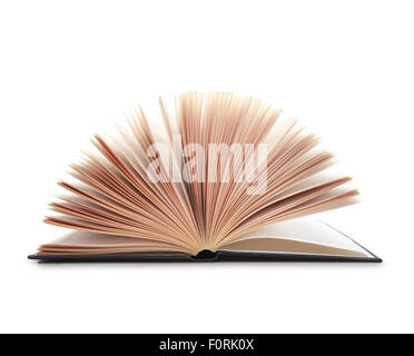 Schuss von offenes Buch mit Seiten aufgefächert, isoliert auf weiss mit Schatten Stockfoto