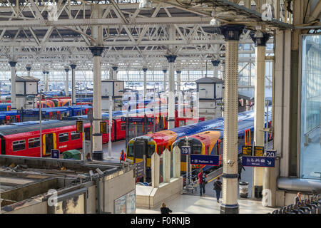 Züge warten auf Platforms am Bahnhof Waterloo, Londons geschäftigstem Bahnhof, London, Großbritannien Stockfoto