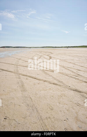 Reifenspuren auf einem sandigen Strand Stockfoto