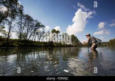 Mann Fliegenfischen für europäische Äsche (Thymallus Thymallus) im Fluss San, Myczkowce, Polen, September 2011 Modell veröffentlicht Stockfoto