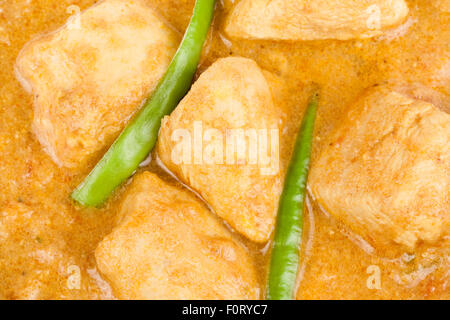 Indischer Chicken Curry Closeup Draufsicht. Grüne Chili als Garnitur verwendet. Stockfoto