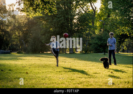 Zwei Jungen spielen Fußball in den letzten der Sommersonne in einem Londoner Park mit ihrem Haustier Hund Stockfoto