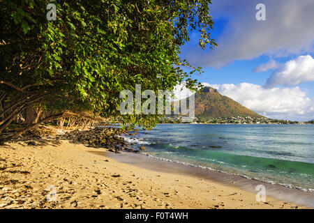 Felsigen und sandigen Ufer in Tamarin Bay, Wolmar, Insel Flic En Flac, Mauritius, Indischer Ozean Stockfoto