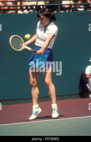 Martina Navratilova in Aktion bei den Clairol Krone-Tennis-Turnier in La Costa Resort in Carlsbad, Kalifornien im April 1980. Stockfoto