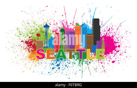 Seattle Washington Downtown City Skyline Farbe Text Farbe Splatter abstrakt isoliert auf weißem Hintergrund Illustration Stockfoto